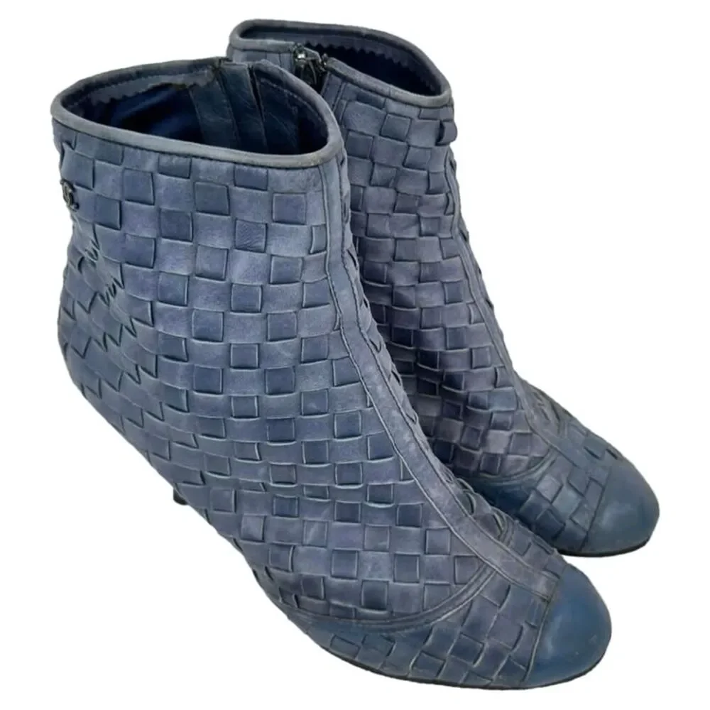 Chanel CC Woven Accent Ankle Boots in Blue Leather